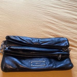 DKNY black clutch leather bag with detachable chain strap.